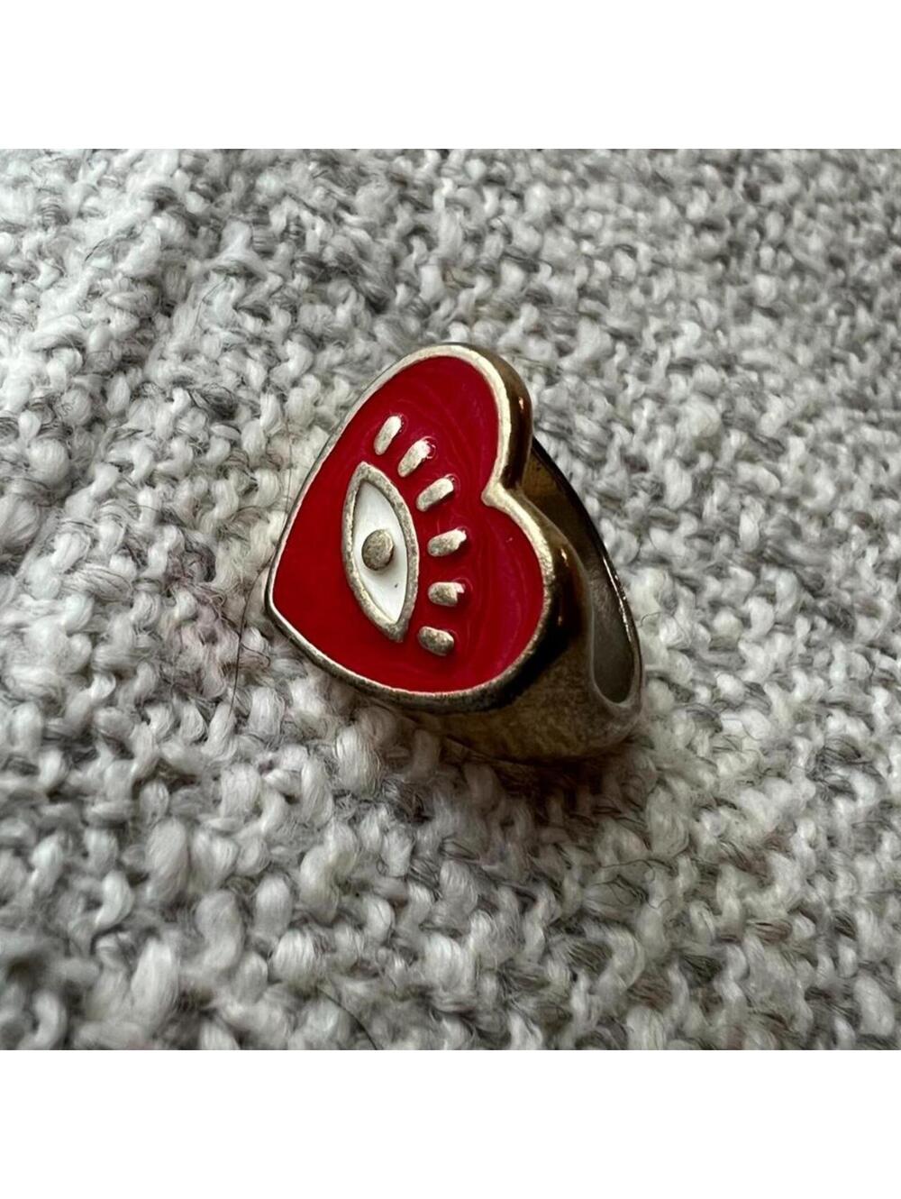 Vintage Gold Toned Red Enamel Heart Eye Signet Ring